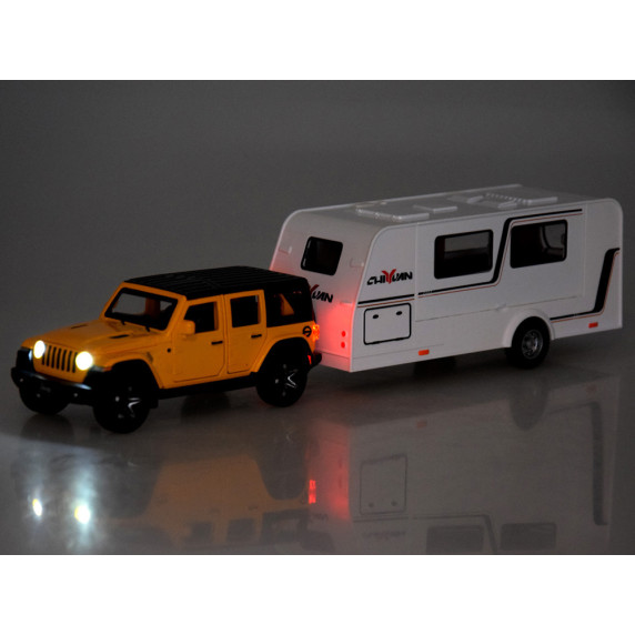 Mașină de teren cu rulotă – ALLOY CAR MODEL – model interactiv din aliaj, în culoarea galben