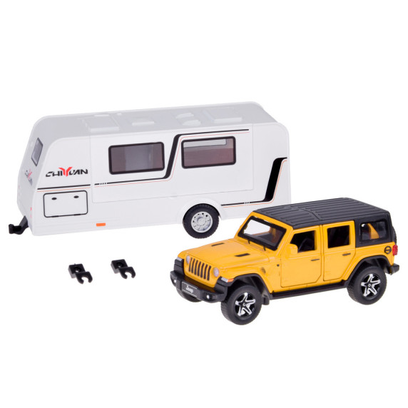 Mașină de teren cu rulotă – ALLOY CAR MODEL – model interactiv din aliaj, în culoarea galben
