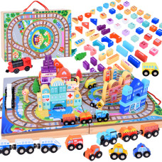 Drevená súprava stavebných kociek s vláčikom v kufríku 89 prvkov Inlea4Fun TRAIN SET BLOCK  - 