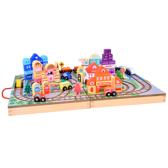 Drevená súprava stavebných kociek s vláčikom v kufríku 89 prvkov Inlea4Fun TRAIN SET BLOCK 