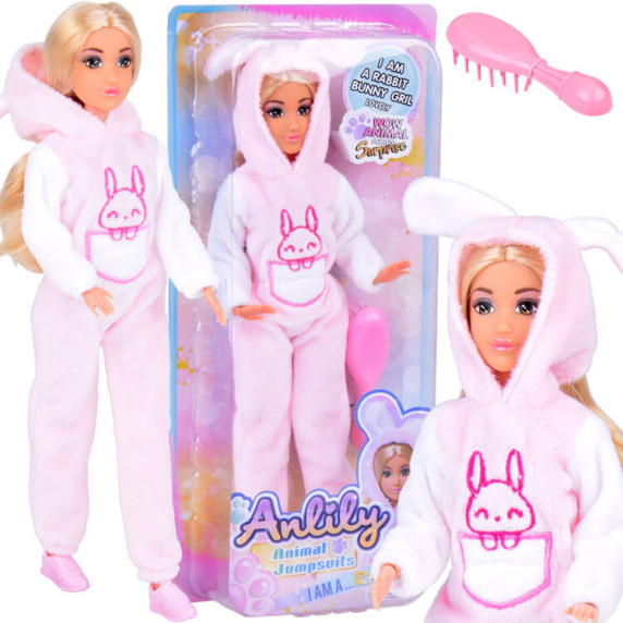 Játékbaba Anlily 30 cm rózsaszín kezeslábasban Inlea4Fun ANIMAL JUMPSUITS