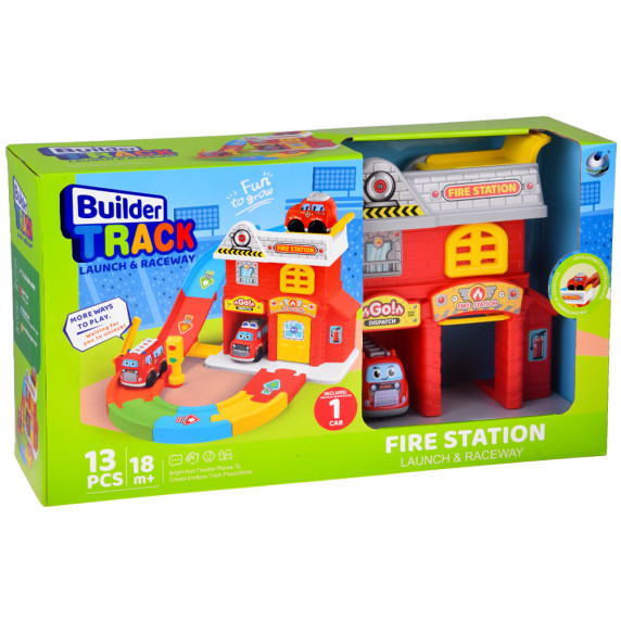 Sada garáže s príjazdovou cestou a hasičským autom BUILDER TRACK FIRE STATION