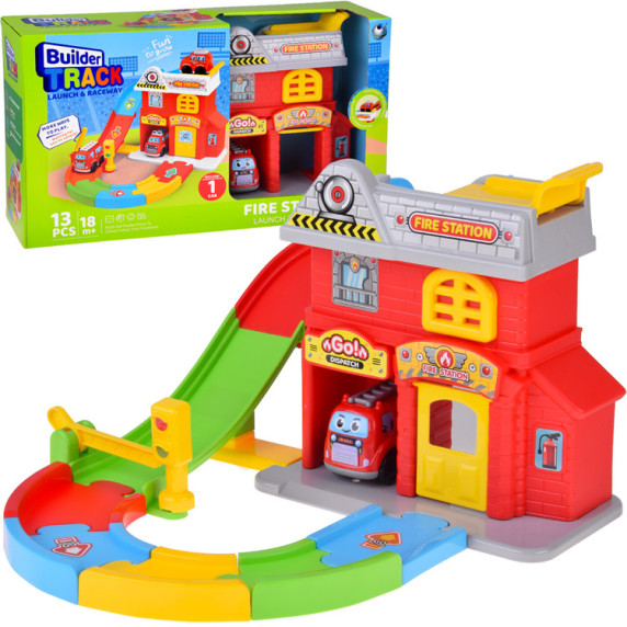 Sada garáže s príjazdovou cestou a hasičským autom BUILDER TRACK FIRE STATION