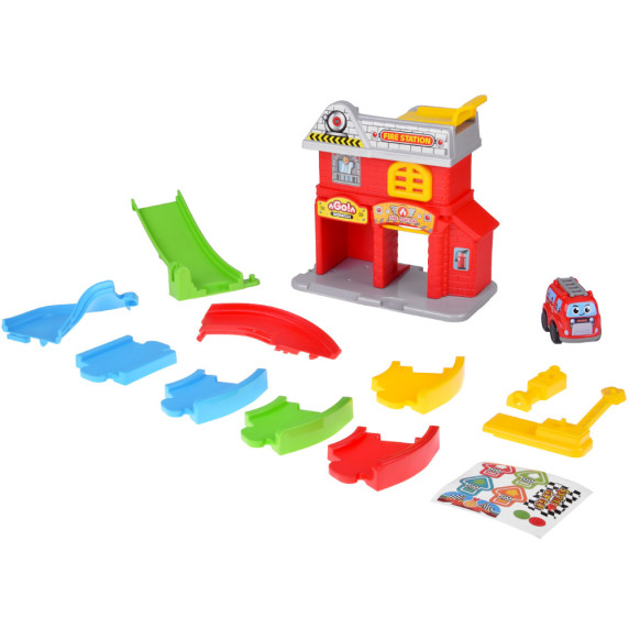 Sada garáže s príjazdovou cestou a hasičským autom BUILDER TRACK FIRE STATION
