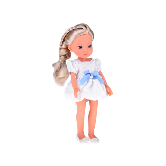 Păpușă cu păr blond și rochie albă cu fundă albastră 33 cm