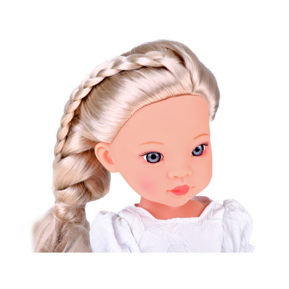 Păpușă cu păr blond și rochie albă cu fundă albastră 33 cm