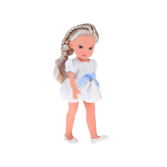 Păpușă cu păr blond și rochie albă cu fundă albastră 33 cm