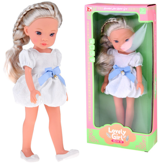 Păpușă cu păr blond și rochie albă cu fundă albastră 33 cm