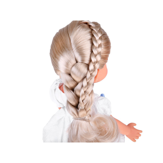 Păpușă cu păr blond și rochie albă cu fundă albastră 33 cm