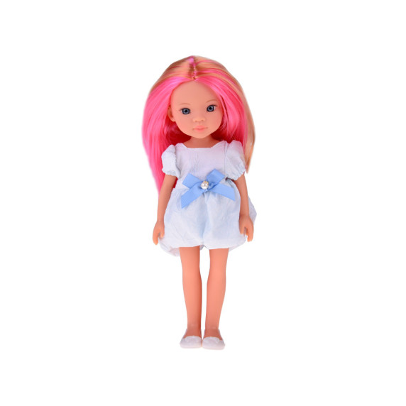 Păpușă în rochie albă cu fundă albastră, 33 cm