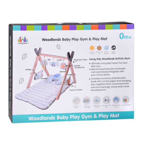 Covoraș interactiv pentru bebeluși cu suport din lemn – WOODLANDS Baby Play Gym