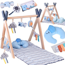 Covoraș interactiv pentru bebeluși cu suport din lemn – WOODLANDS Baby Play Gym - 