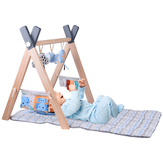 Covoraș interactiv pentru bebeluși cu suport din lemn – WOODLANDS Baby Play Gym