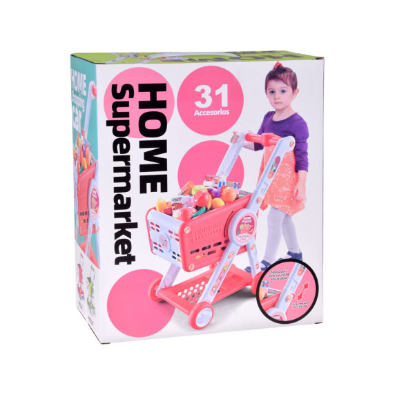 Nákupný vozík s potravinami 31 prvkov HOME SUPERMARKET - ružový