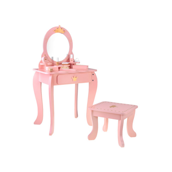 Masă de toaletă Royal din lemn cu oglindă + scaun + accesorii - roz