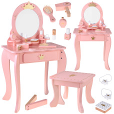 Masă de toaletă Royal din lemn cu oglindă + scaun + accesorii - roz - 