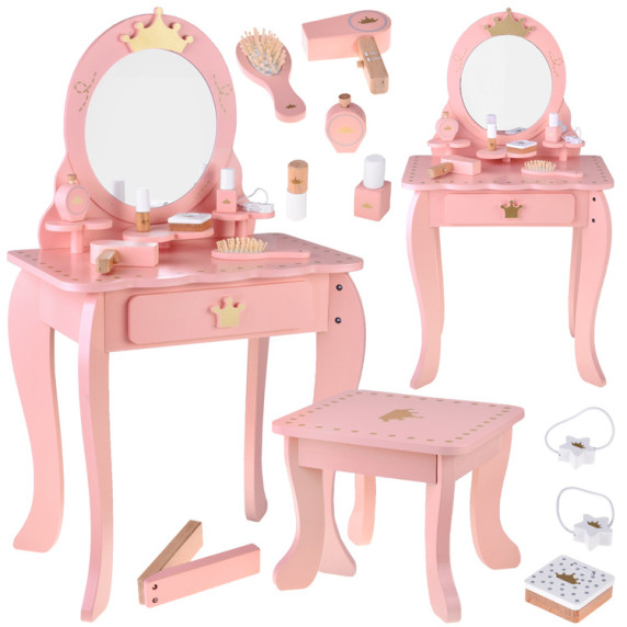 Masă de toaletă Royal din lemn cu oglindă + scaun + accesorii - roz