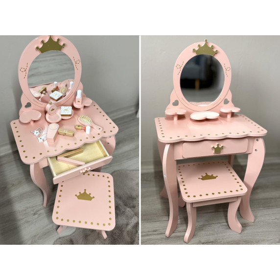Masă de toaletă Royal din lemn cu oglindă + scaun + accesorii - roz
