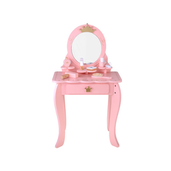 Masă de toaletă Royal din lemn cu oglindă + scaun + accesorii - roz