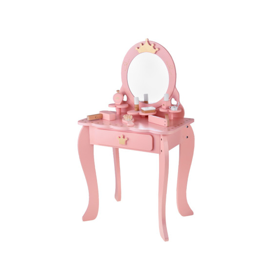 Masă de toaletă Royal din lemn cu oglindă + scaun + accesorii - roz