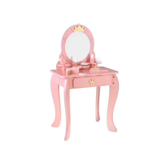Masă de toaletă Royal din lemn cu oglindă + scaun + accesorii - roz