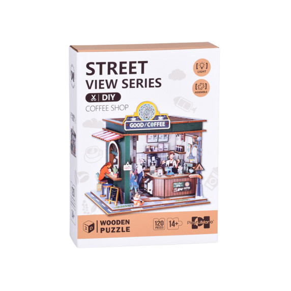 Puzzle 3D din lemn cu iluminare LED, 120 piese COFFEE SHOP – cafenea