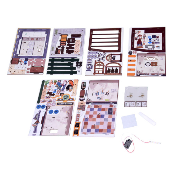 Puzzle 3D din lemn cu iluminare LED, 120 piese COFFEE SHOP – cafenea