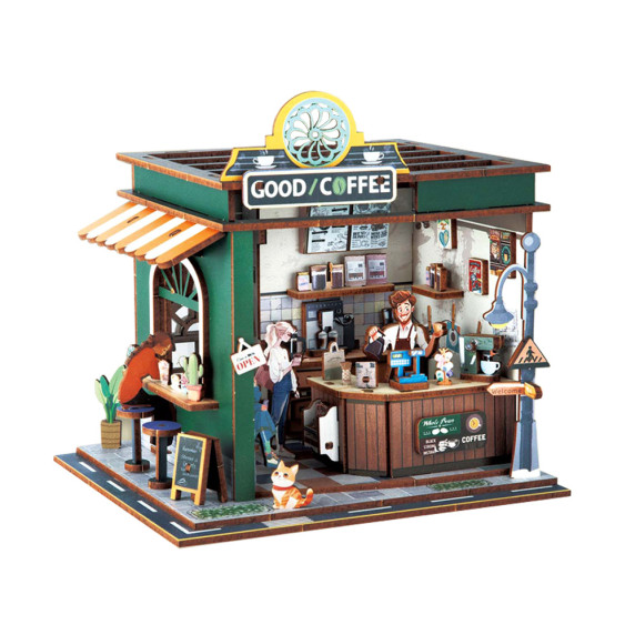 Puzzle 3D din lemn cu iluminare LED, 120 piese COFFEE SHOP – cafenea