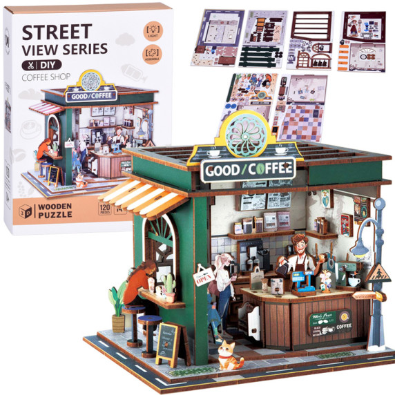 Puzzle 3D din lemn cu iluminare LED, 120 piese COFFEE SHOP – cafenea