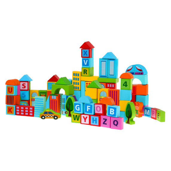 Cuburi colorate din lemn - 100 buc - Inlea4Fun SMART TOWN BLOCKS - oraș