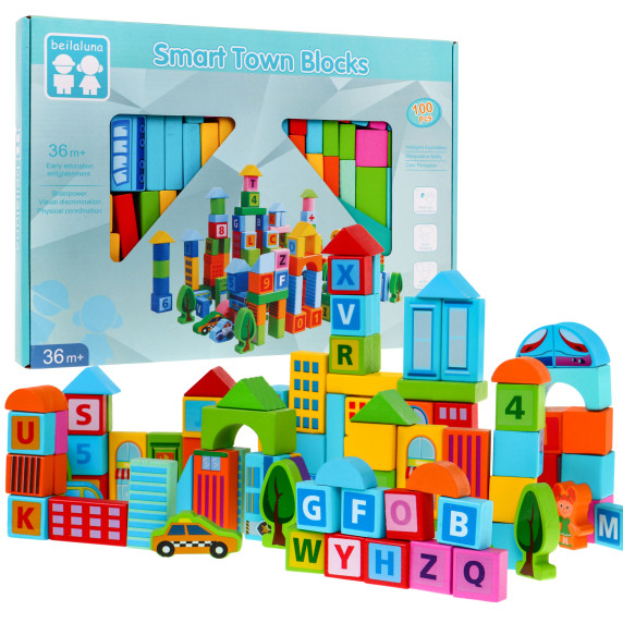 Cuburi colorate din lemn - 100 buc - Inlea4Fun SMART TOWN BLOCKS - oraș