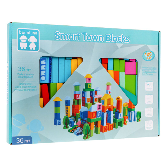 Cuburi colorate din lemn - 100 buc - Inlea4Fun SMART TOWN BLOCKS - oraș