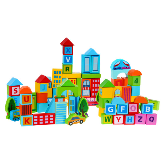 Cuburi colorate din lemn - 100 buc - Inlea4Fun SMART TOWN BLOCKS - oraș