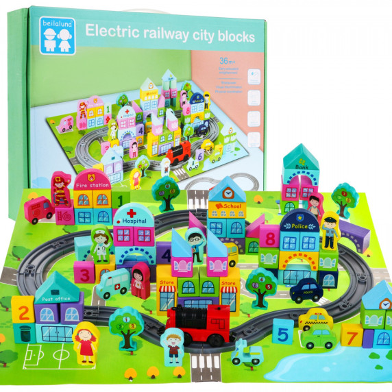 Cuburi din lemn  pentru copii cu covoraș - oraș - Electric railway city blocks