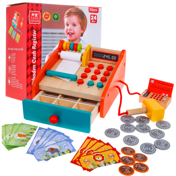 Casă de marcat din lemn pentru copii cu accesorii - Wooden Cash Register