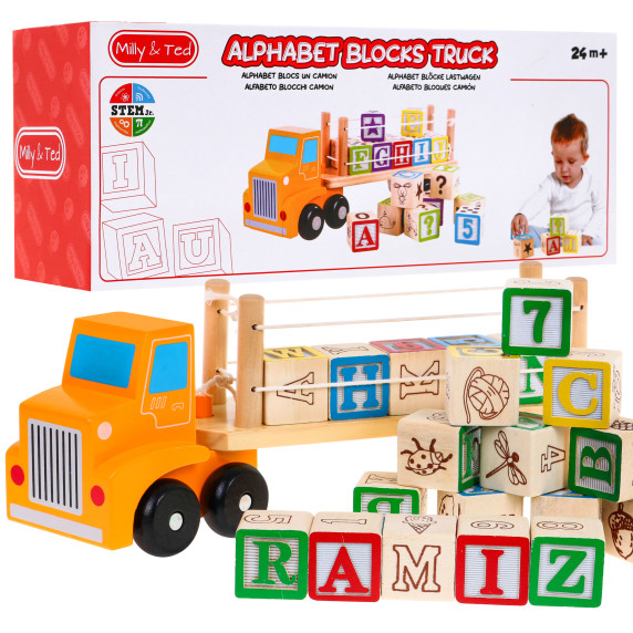 Camion din lemn cu semiremorcă și cuburi cu litere și numere - Alphabet Blocks Trucks