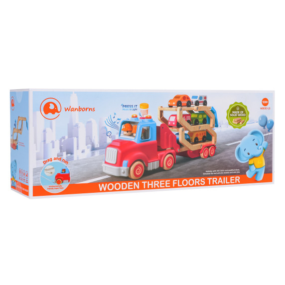 Camion de remorcare interactiv din lemn cu mașinuțe – WOODEN THREE FLOORS TRAILER