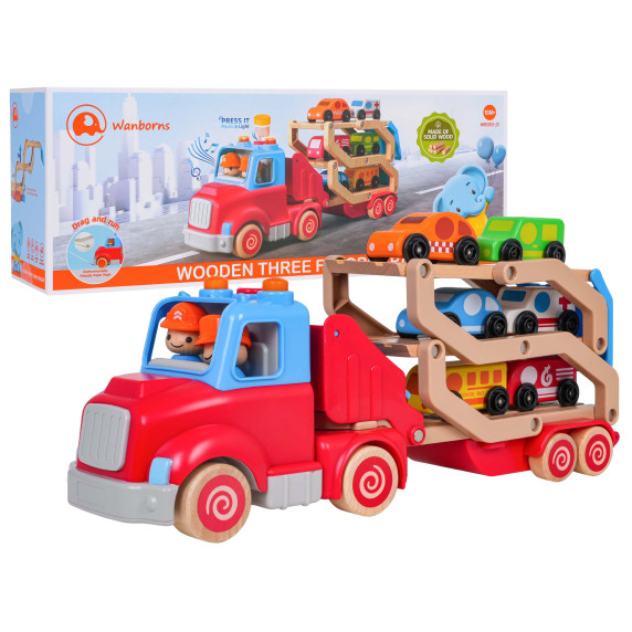 Camion de remorcare interactiv din lemn cu mașinuțe – WOODEN THREE FLOORS TRAILER