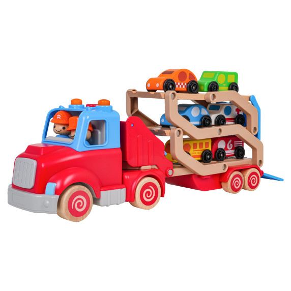 Camion de remorcare interactiv din lemn cu mașinuțe – WOODEN THREE FLOORS TRAILER