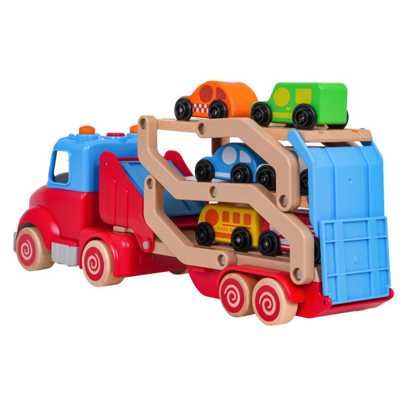 Camion de remorcare interactiv din lemn cu mașinuțe – WOODEN THREE FLOORS TRAILER