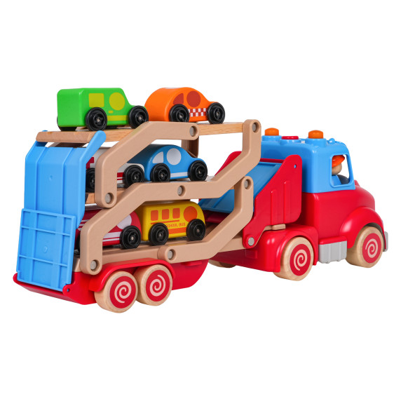 Camion de remorcare interactiv din lemn cu mașinuțe – WOODEN THREE FLOORS TRAILER