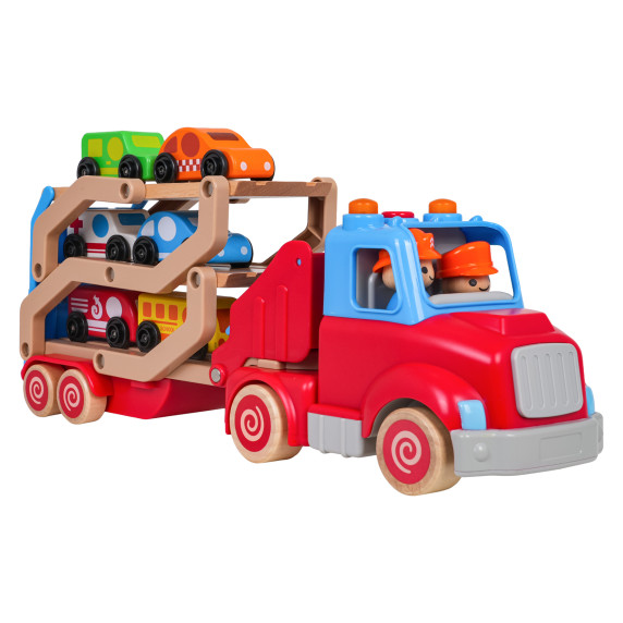 Camion de remorcare interactiv din lemn cu mașinuțe – WOODEN THREE FLOORS TRAILER