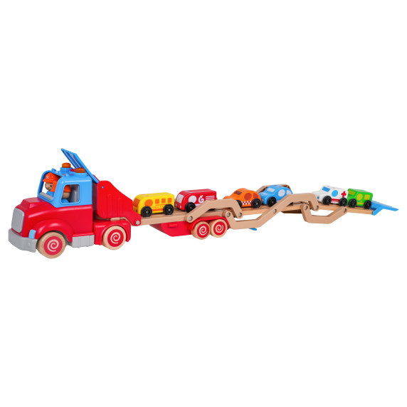 Camion de remorcare interactiv din lemn cu mașinuțe – WOODEN THREE FLOORS TRAILER