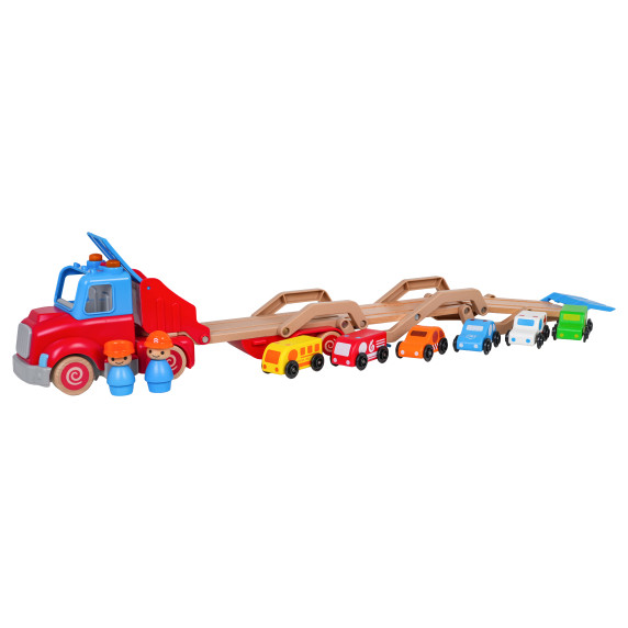 Camion de remorcare interactiv din lemn cu mașinuțe – WOODEN THREE FLOORS TRAILER