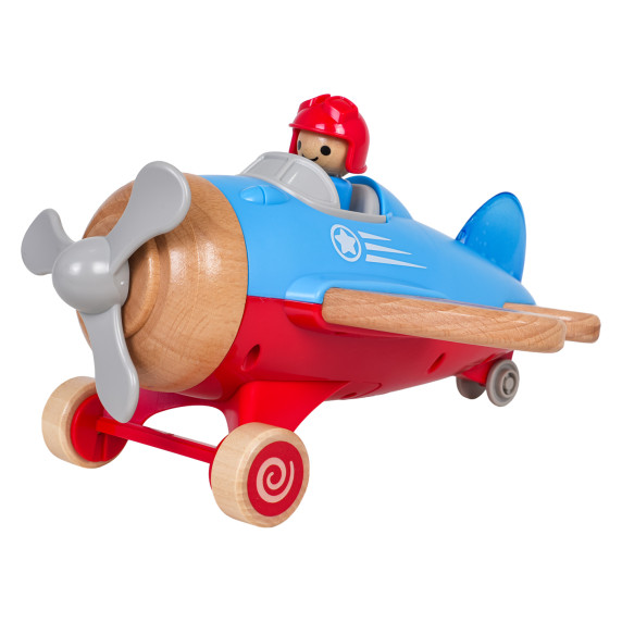 Interaktívne drevené lietadlo s pilotom WOODEN FIGHTER PLANE - modré