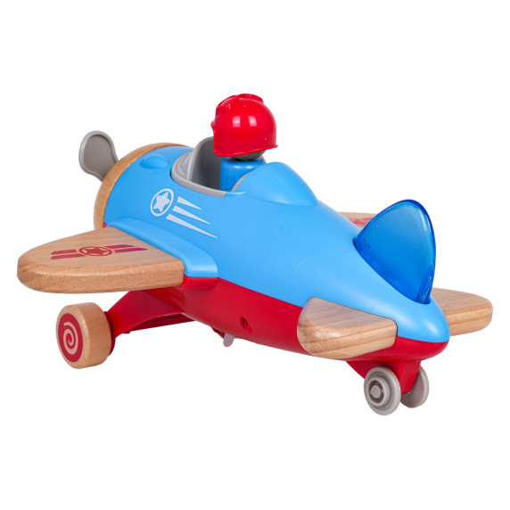 Interaktívne drevené lietadlo s pilotom WOODEN FIGHTER PLANE - modré