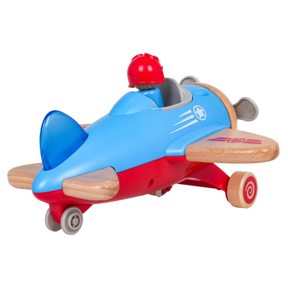 Interaktívne drevené lietadlo s pilotom WOODEN FIGHTER PLANE - modré