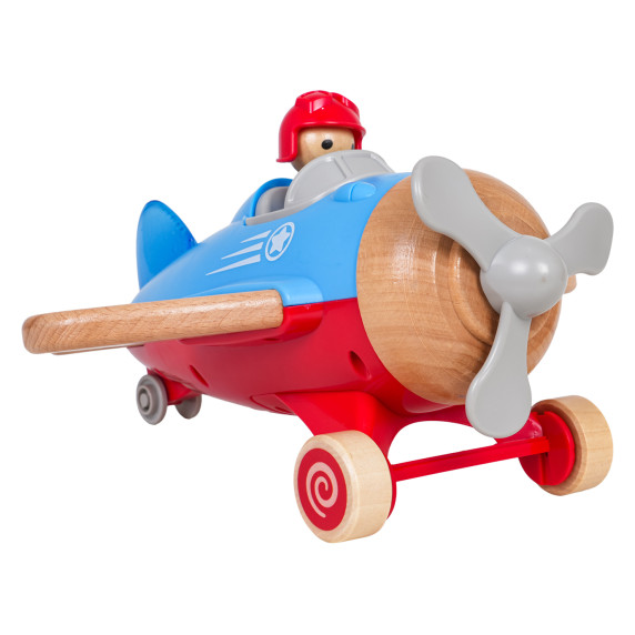 Interaktívne drevené lietadlo s pilotom WOODEN FIGHTER PLANE - modré