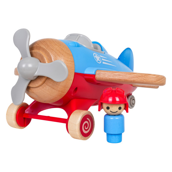 Interaktívne drevené lietadlo s pilotom WOODEN FIGHTER PLANE - modré