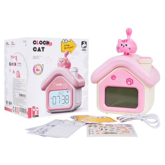 Hodinky s budíkom ružový domček s mačkou Inlea4Fun CLOCK CAT
